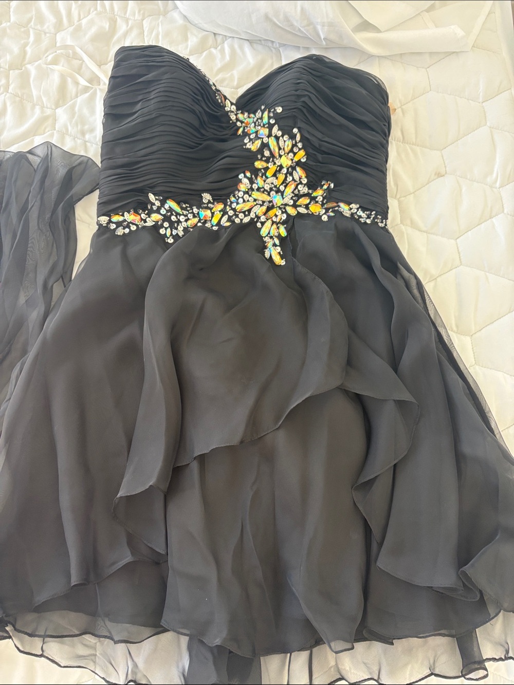 Black Strapless Chiffon Cocktail Dress with Jewel Embellishment